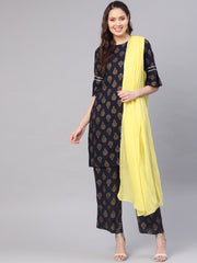 Women Navy Blue & Golden Printed Kurta with Palazzos & Dupatta