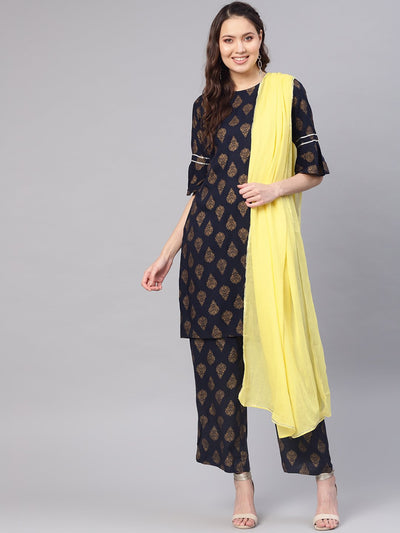 Women Navy Blue & Golden Printed Kurta with Palazzos & Dupatta