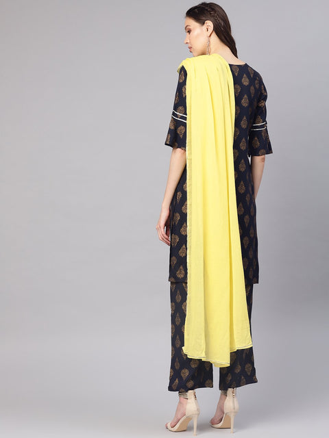 Women Navy Blue & Golden Printed Kurta with Palazzos & Dupatta