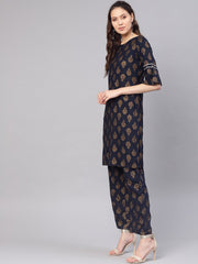 Women Navy Blue & Golden Printed Kurta with Palazzos & Dupatta
