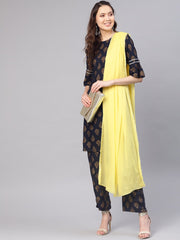 Women Navy Blue & Golden Printed Kurta with Palazzos & Dupatta