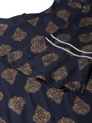 Women Navy Blue & Golden Printed Kurta with Palazzos & Dupatta