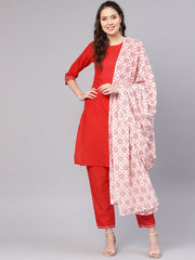 Women Red & Off-White Solid Kurta with Palazzos & Dupatta