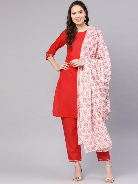 Women Red & Off-White Solid Kurta with Palazzos & Dupatta