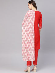 Women Red & Off-White Solid Kurta with Palazzos & Dupatta
