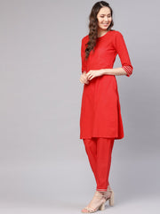 Women Red & Off-White Solid Kurta with Palazzos & Dupatta