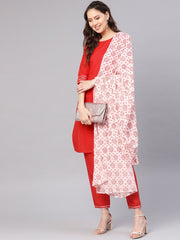 Women Red & Off-White Solid Kurta with Palazzos & Dupatta