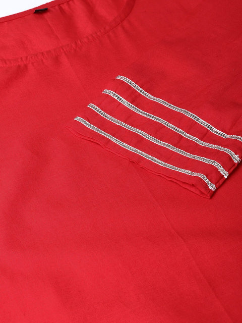 Women Red & Off-White Solid Kurta with Palazzos & Dupatta