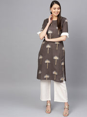 Women Taupe & Off-White Printed Kurta with Palazzos