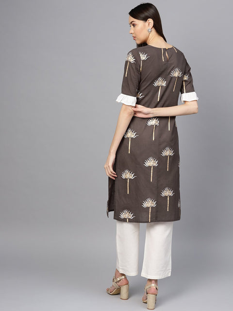 Women Taupe & Off-White Printed Kurta with Palazzos