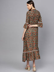 Women Olive Green & Orange Printed Maxi Dress