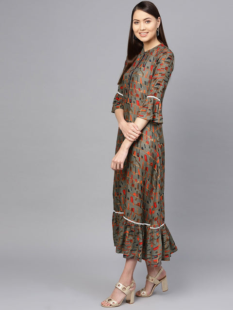 Women Olive Green & Orange Printed Maxi Dress