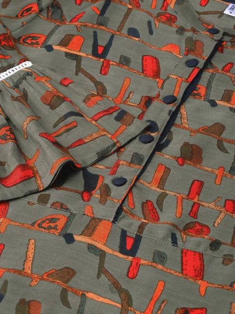 Women Olive Green & Orange Printed Maxi Dress