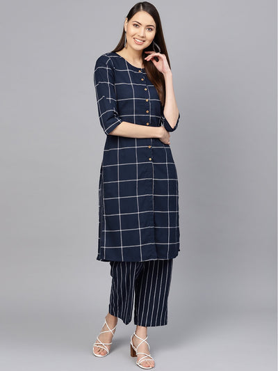 Women Navy Blue & White Checked Kurta with Palazzos