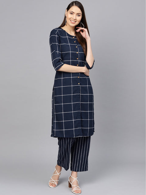 Women Navy Blue & White Checked Kurta with Palazzos