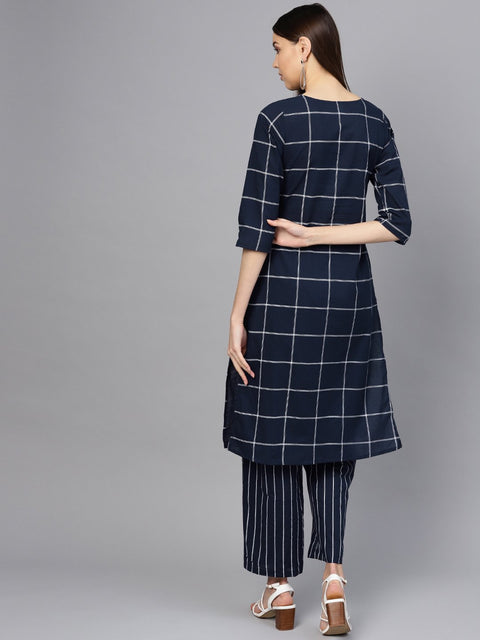 Women Navy Blue & White Checked Kurta with Palazzos