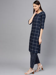 Women Navy Blue & White Checked Kurta with Palazzos