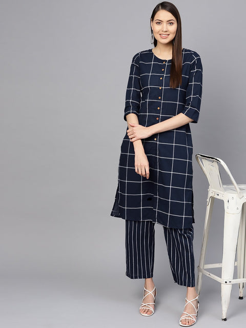 Women Navy Blue & White Checked Kurta with Palazzos