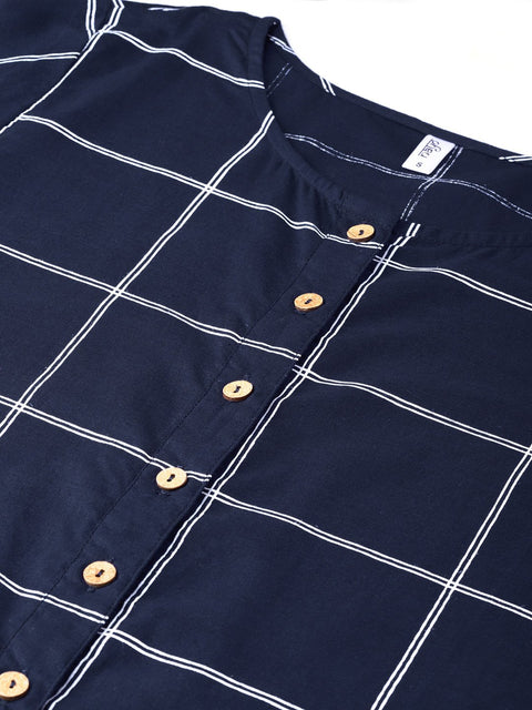 Women Navy Blue & White Checked Kurta with Palazzos