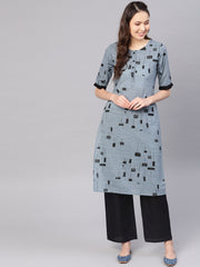 Women Grey & Black Printed Kurta with Palazzos