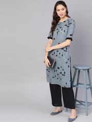Women Grey & Black Printed Kurta with Palazzos