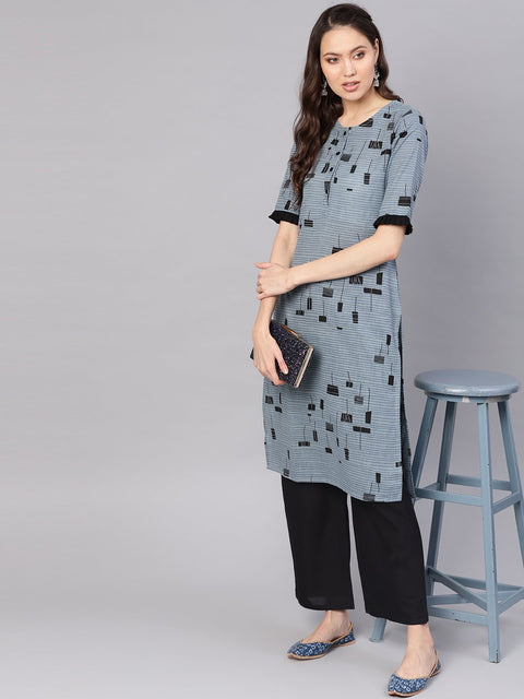 Women Grey & Black Printed Kurta with Palazzos