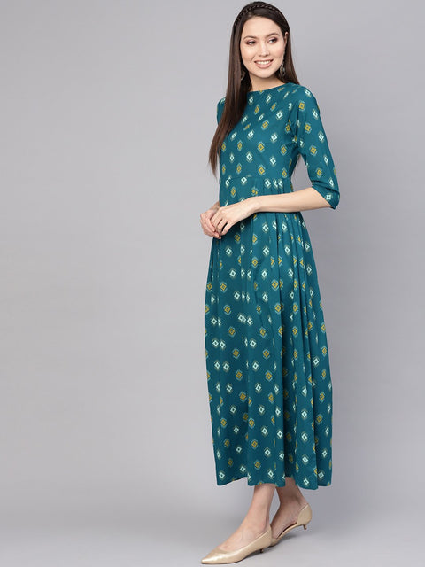 Women Teal Blue & Yellow Printed Maxi Dress