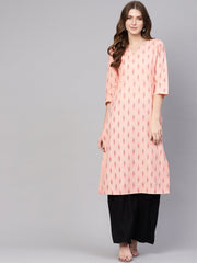 Women Peach-Coloured & Black Ikat Print Straight Kurta