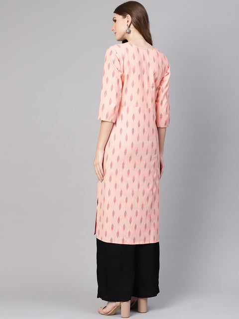 Women Peach-Coloured & Black Ikat Print Straight Kurta