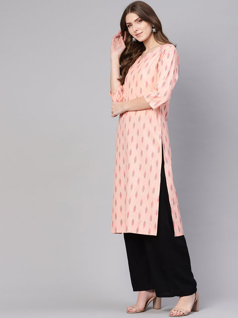 Women Peach-Coloured & Black Ikat Print Straight Kurta