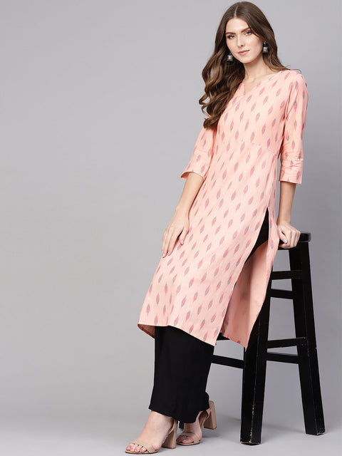 Women Peach-Coloured & Black Ikat Print Straight Kurta
