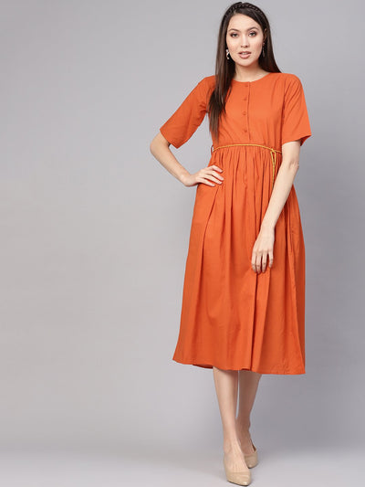 Women Rust Orange Solid A-Line Dress
