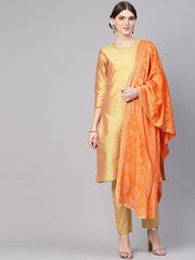 Women Golden & Orange Solid Kurta with Palazzos & Dupatta