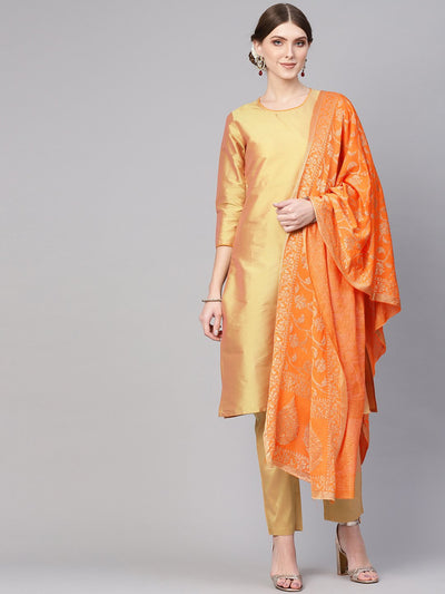 Women Golden & Orange Solid Kurta with Palazzos & Dupatta