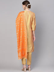 Women Golden & Orange Solid Kurta with Palazzos & Dupatta