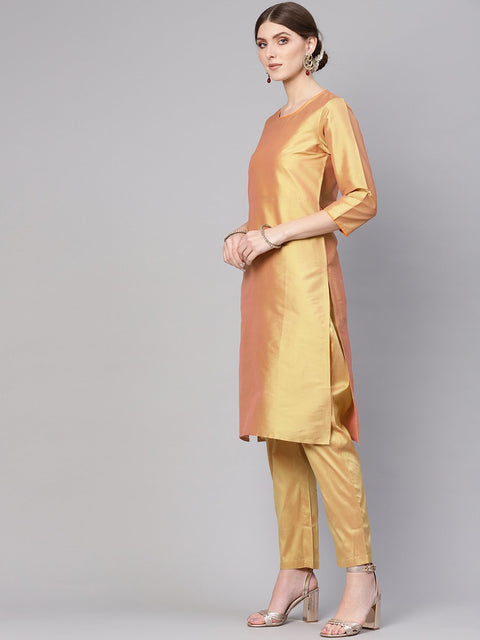 Women Golden & Orange Solid Kurta with Palazzos & Dupatta