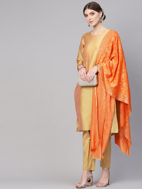 Women Golden & Orange Solid Kurta with Palazzos & Dupatta