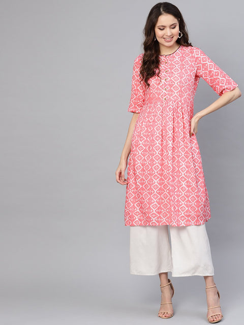 Women Pink & Off-White Printed Straight Kurta