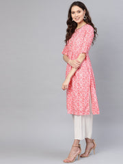 Women Pink & Off-White Printed Straight Kurta