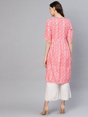 Women Pink & Off-White Printed Straight Kurta