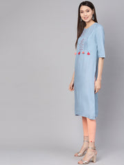 Women Blue Embroidered Detail Straight Kurta