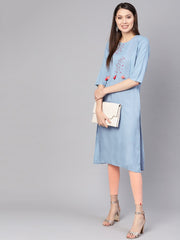 Women Blue Embroidered Detail Straight Kurta