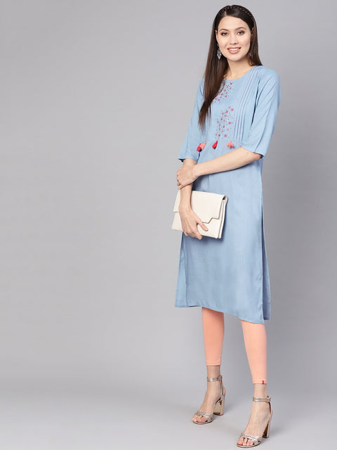 Women Blue Embroidered Detail Straight Kurta