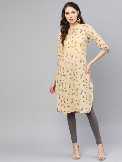 Women Beige & Green Printed Straight Kurta