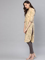 Women Beige & Green Printed Straight Kurta