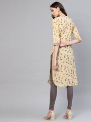 Women Beige & Green Printed Straight Kurta