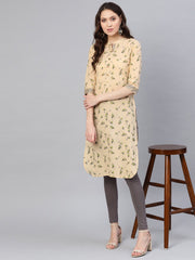 Women Beige & Green Printed Straight Kurta