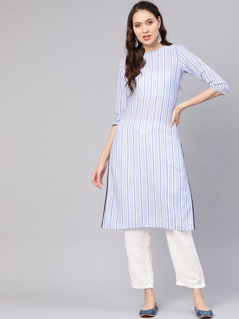 Women Blue & White Striped Straight Kurta