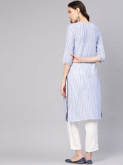 Women Blue & White Striped Straight Kurta