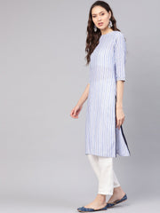 Women Blue & White Striped Straight Kurta